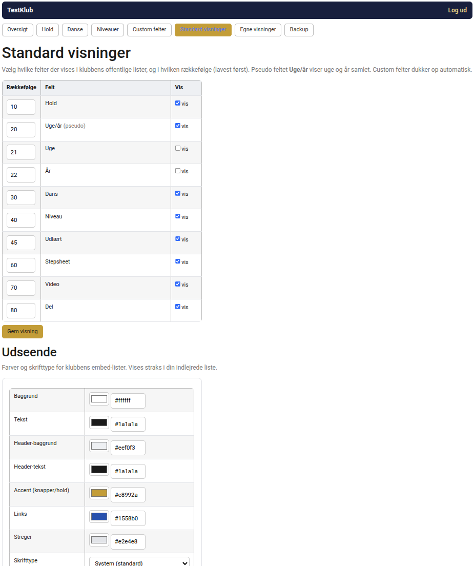 Skærmbillede 9: Standard visninger — felter & udseende